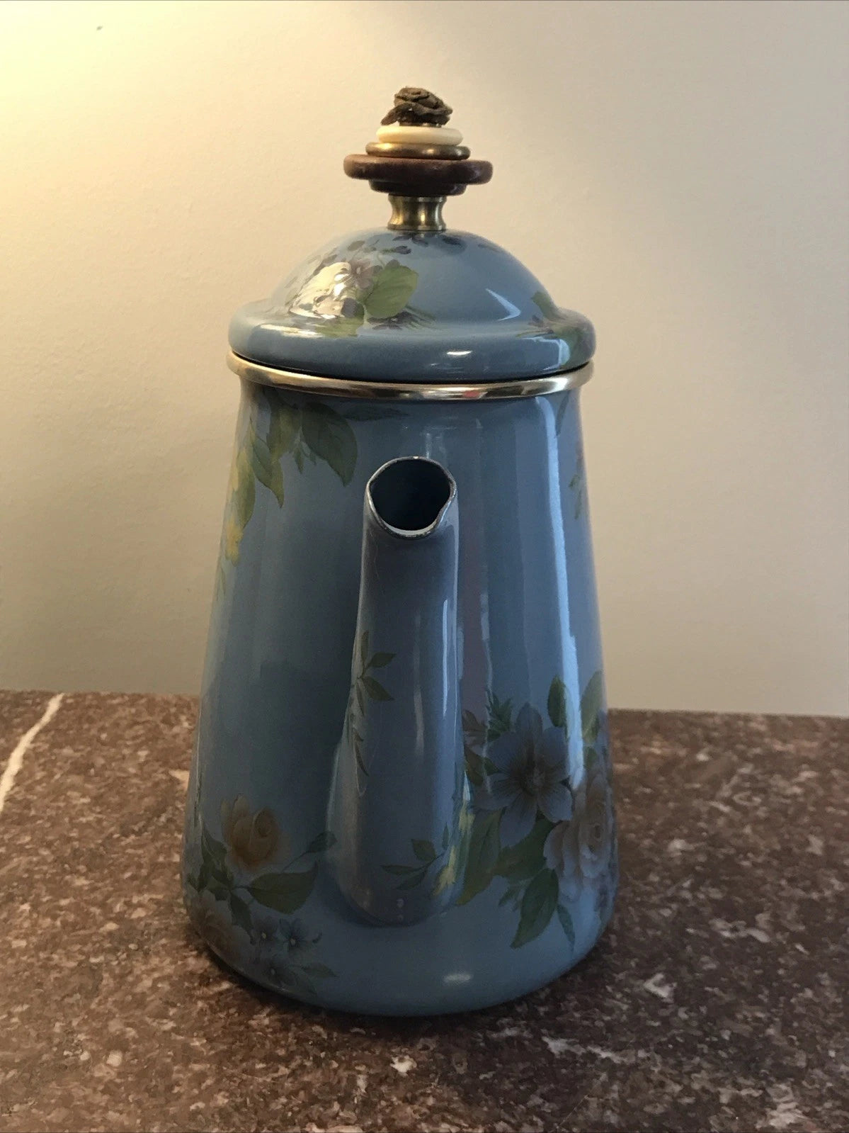 Mackenzie Childs 1983 Victoria Richard Blue Floral Enamel Coffee Tea Pot 8”