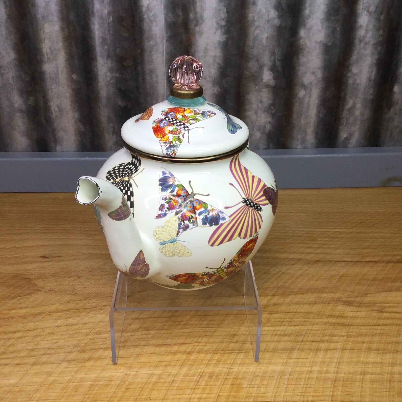 MacKenzie Childs Butterfly Garden White 4 Cup Enamel Teapot Kettle Small Retired
