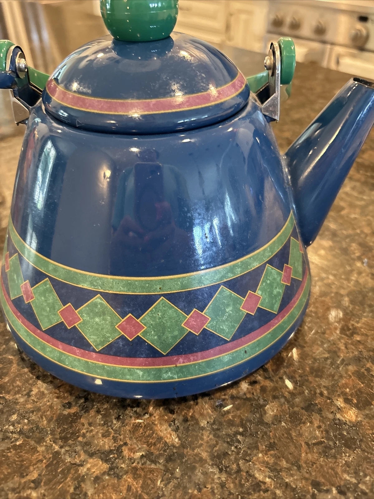 Phalzgraph Enamel Tea Pot 10" Tall 8" Diameter Blue with Green Diamonds