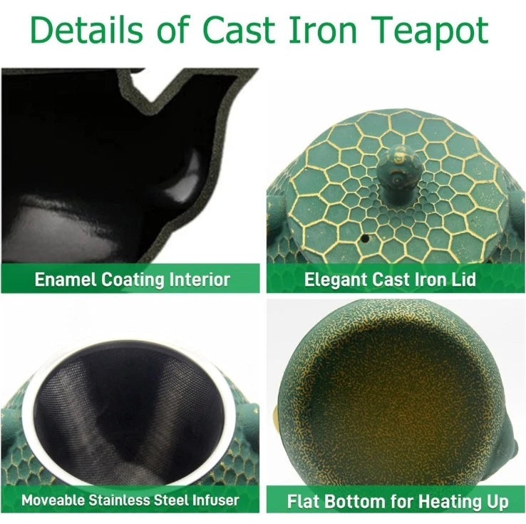 Cast Iron Tea Kettle Set 33.8oz Hexagon Pattern Teapot Set w cups green enamel
