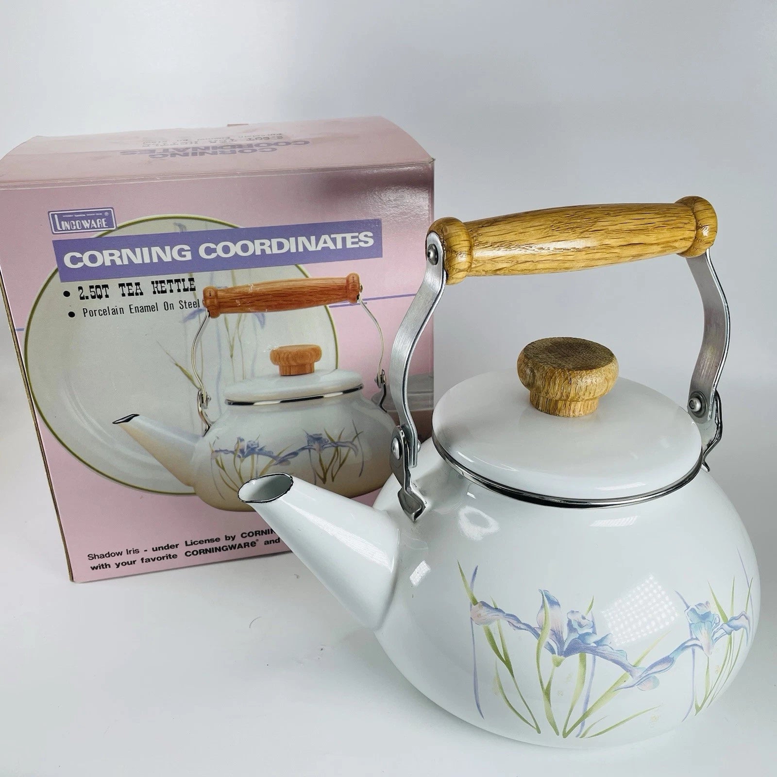 VTG Lincoware Corelle Coordinates SHADOW IRIS Tea Kettle Pot Enamel Over Metal