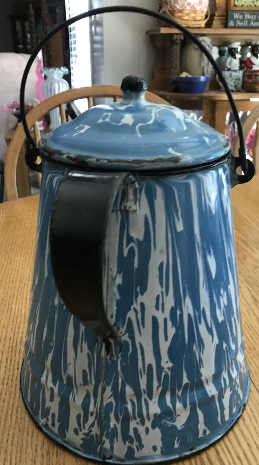 Vintage Antique Blue White Swirl Enamel Coffee Tea Pot Cowboy Kettle 11” Large