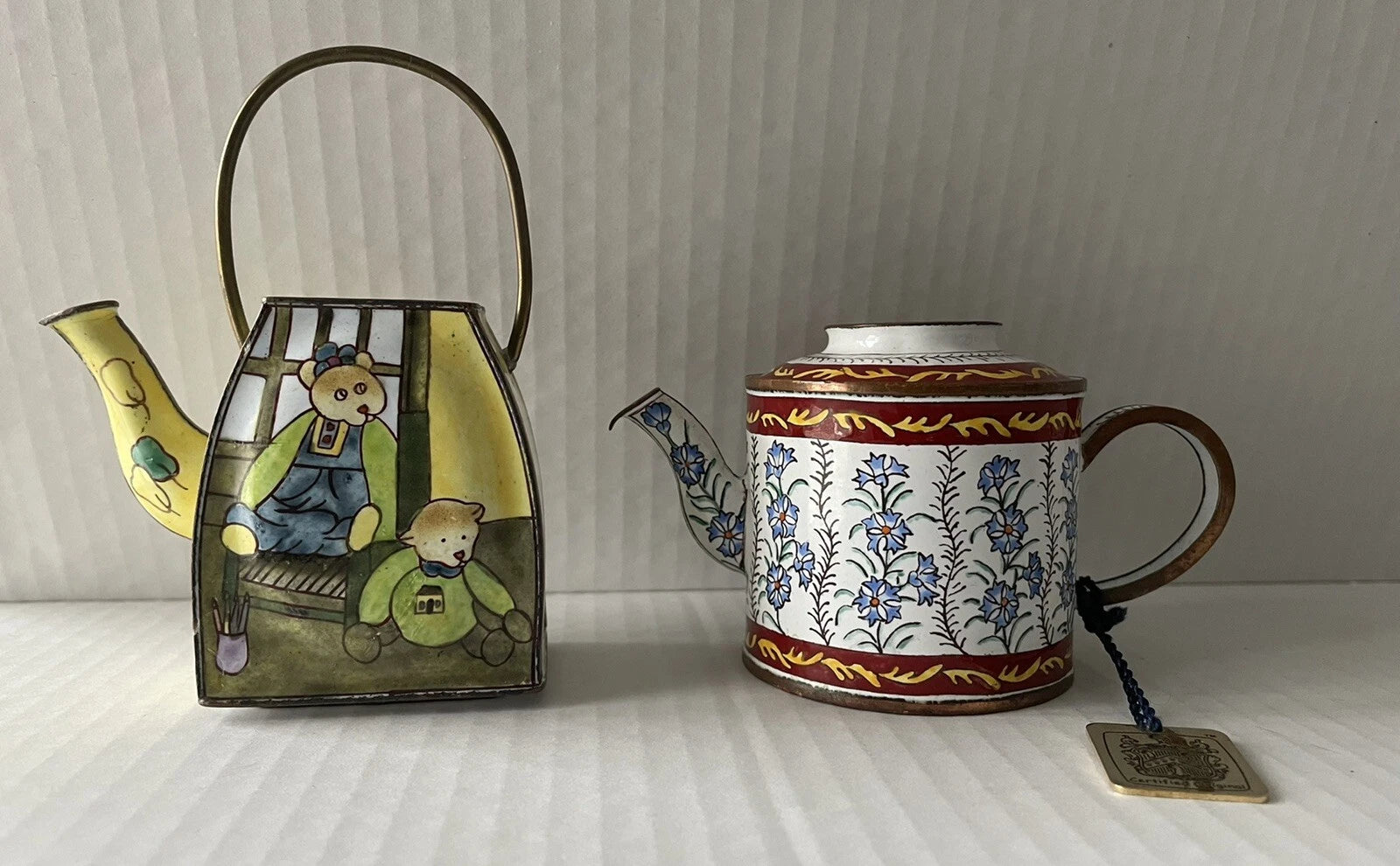 Enamel Mini Copper Hand Painted Teapot NO LIDS Miniature LOT OF 2 Vintage