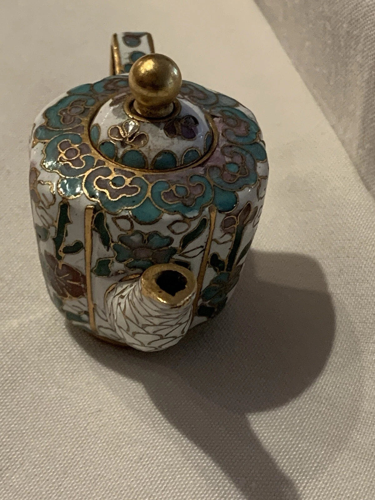 Miniature Floral Enamel Cloisonné Teapot Blue/Mauve/White Florals