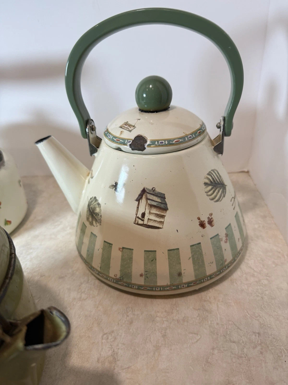 Lot of 3 Vintage MCM Retro Enamelware  Tea Kettle Pots