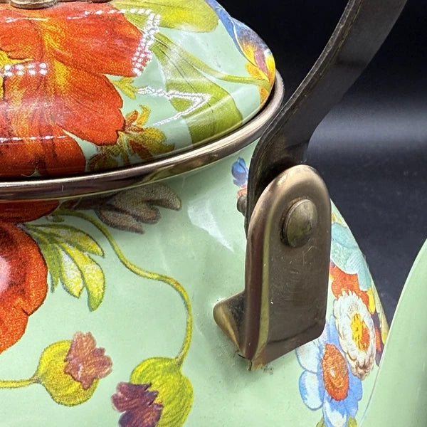 MacKenzie-Childs Green Flower Market Enamel 2qt Tea Pot Kettle Wood Handle EUC