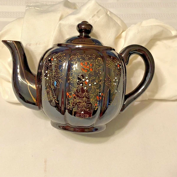 Vintage Teapot Moriage Enamel Floral Gold Trim 1950s Wales Japan