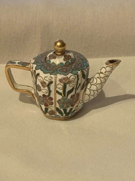 Miniature Floral Enamel Cloisonné Teapot Blue/Mauve/White Florals