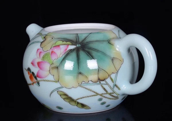 Chinese Enamel Color Porcelain Handmade Exquisite Flower Bird Teapot