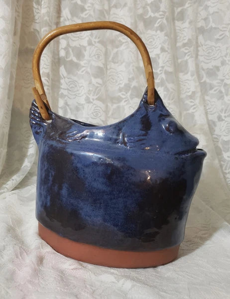RARE VINTAGE SIGNED THORA OVENWARE BLUE FISH TEAPOT ENAMEL GLAZED TERRA COTTA