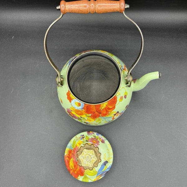 MacKenzie-Childs Green Flower Market Enamel 2qt Tea Pot Kettle Wood Handle EUC