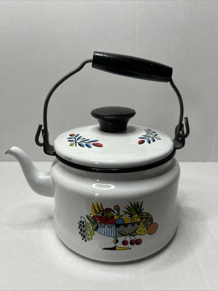 Swedish Berggren Enamel Kettle Teapot Scandinavian Folk Art Fruit W Lid Handle