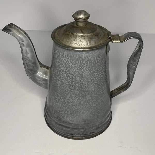 Grey Mottled Enamelware Gooseneck Hinged Coffee Tea Pot Antique Spatterware GUC