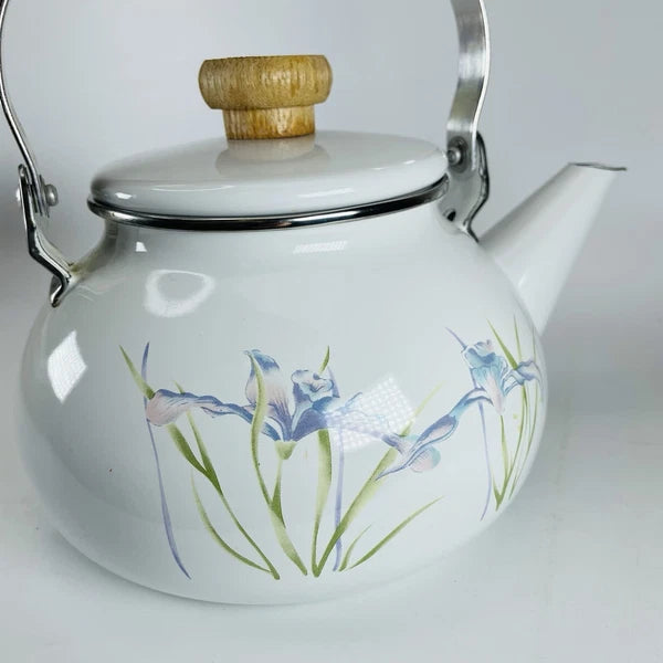 VTG Lincoware Corelle Coordinates SHADOW IRIS Tea Kettle Pot Enamel Over Metal