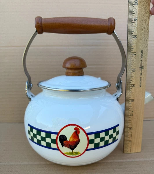 Bob Timberlake Rooster Whistling Kettle Tea Pot Enamel Checkered Board