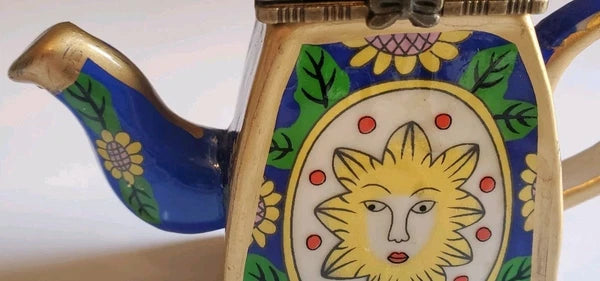 Minature Porcelain Sunflowers Blue, Yellow & Green Teapot "Friendship Trinket"