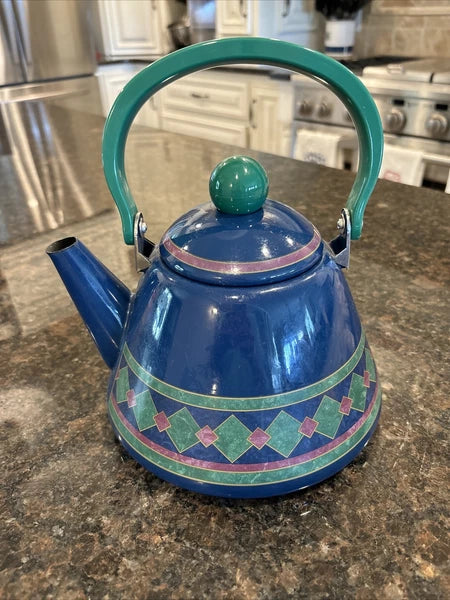 Phalzgraph Enamel Tea Pot 10" Tall 8" Diameter Blue with Green Diamonds