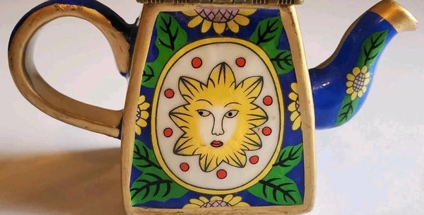 Minature Porcelain Sunflowers Blue, Yellow & Green Teapot "Friendship Trinket"