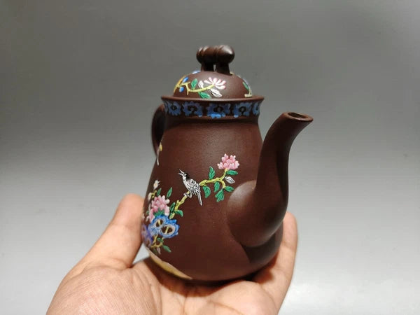 Yixing Teapot Handmade Bird Flower Enamel Traditional Art