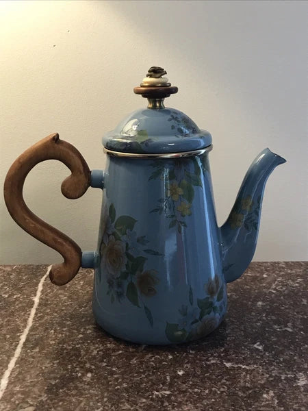Mackenzie Childs 1983 Victoria Richard Blue Floral Enamel Coffee Tea Pot 8”
