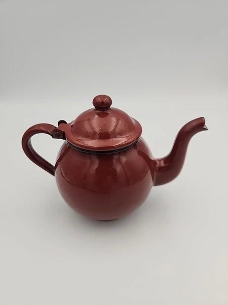 Vintage Enamel Teapot Small Brown & White Interior Goose Neck Handle