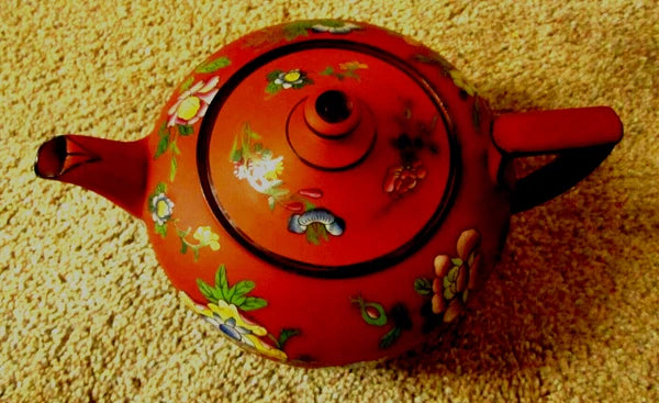 RARE Antique Wedgwood Pottery Enamel Rosso Antico Chinoiserie Teapot w Lid