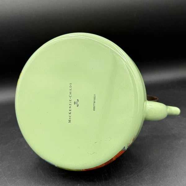 MacKenzie-Childs Green Flower Market Enamel 2qt Tea Pot Kettle Wood Handle EUC