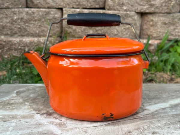 MCM Campfire Enamel Tea Kettle Coffee Pot Vintage Enamelware Teapot Bale Handle