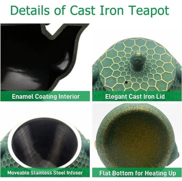 Cast Iron Tea Kettle Set 33.8oz Hexagon Pattern Teapot Set w cups green enamel