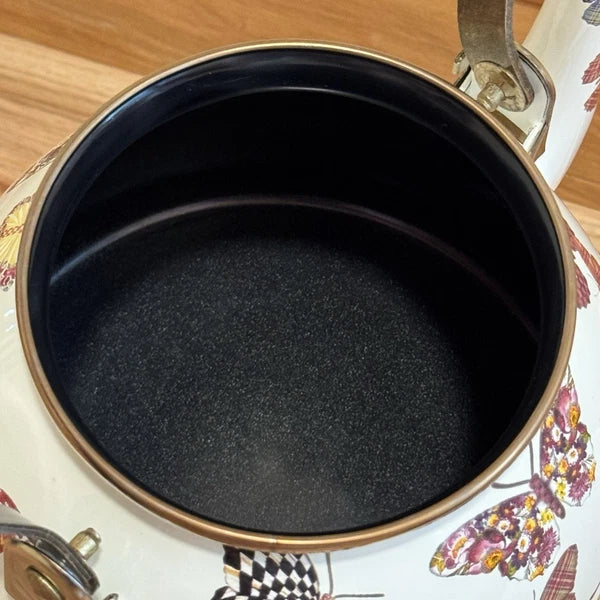 MacKenzie Childs Butterfly Garden Courtly Check 3 qt Enamel Teapot Tea Kettle