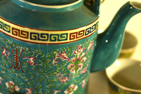 Antique Porcelain Teaset: Famille Rose Lotus: Enameled : Teal : China : 1975