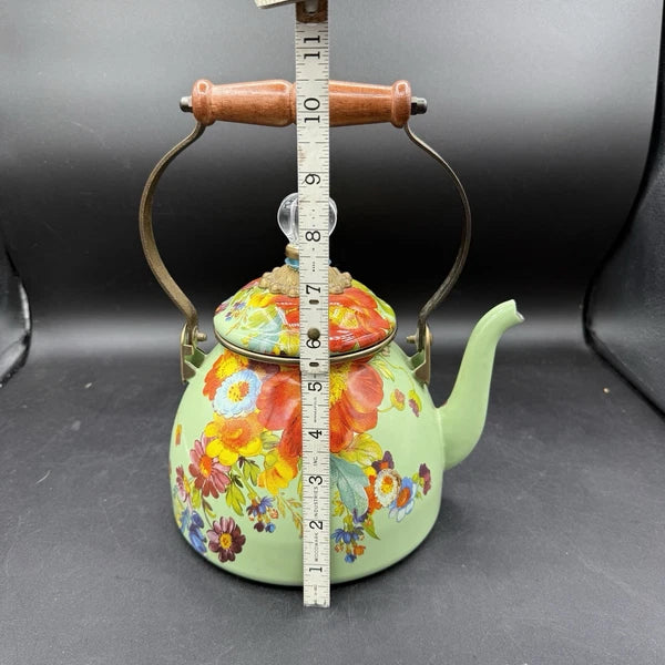 MacKenzie-Childs Green Flower Market Enamel 2qt Tea Pot Kettle Wood Handle EUC