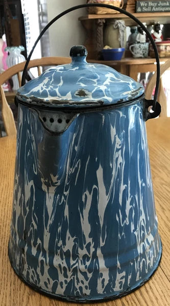 Vintage Antique Blue White Swirl Enamel Coffee Tea Pot Cowboy Kettle 11” Large