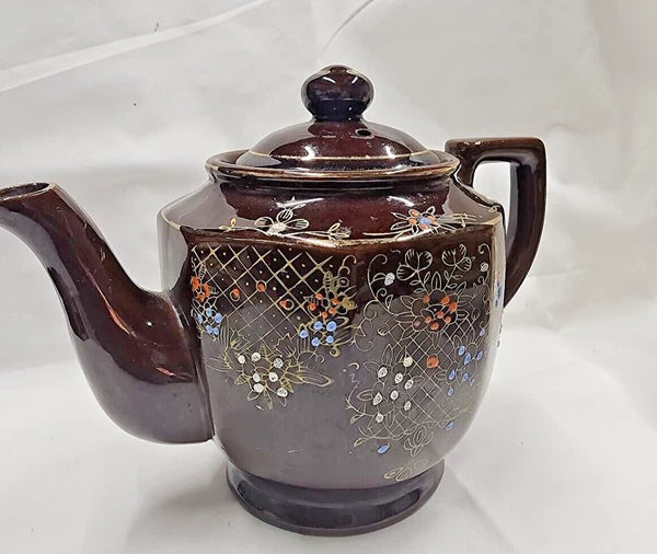 VTG Brown Betty Redware Teapot Moriage Enamel Hand Painted Made in Japan 6.5" H