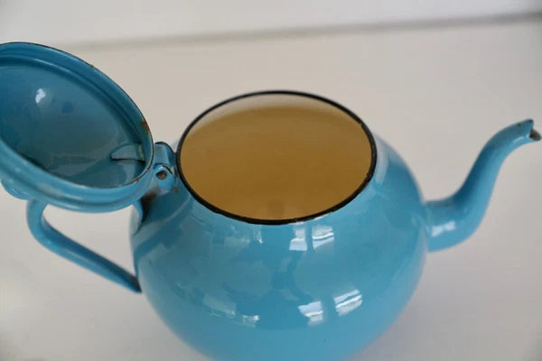 RARE Vintage Blue Enamel Ware Teapot Hinged Lid 6" H made in Yugoslavia