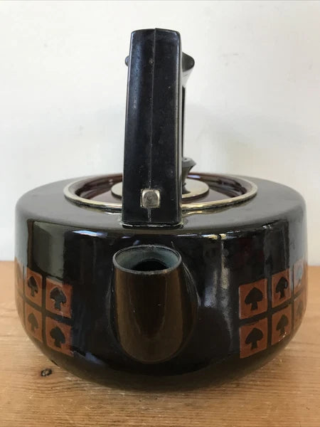 Vintage 60s 70s Mid Century Japanese Mushroom Spade Enamel Black Tea Pot Kettle