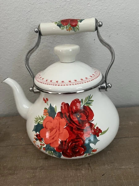 Pioneer Woman Floral Enamel Teapot Tea Kettle In White Cheerful Rose