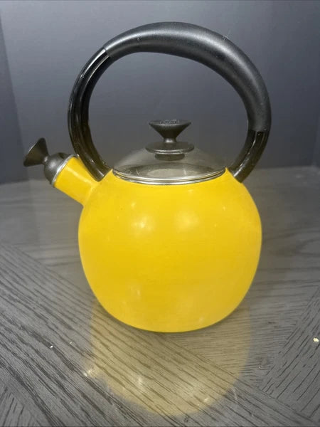 Copco Tea Kettle Pot Small Mini Yellow Enamel Whistling 1 Quart Used Clean