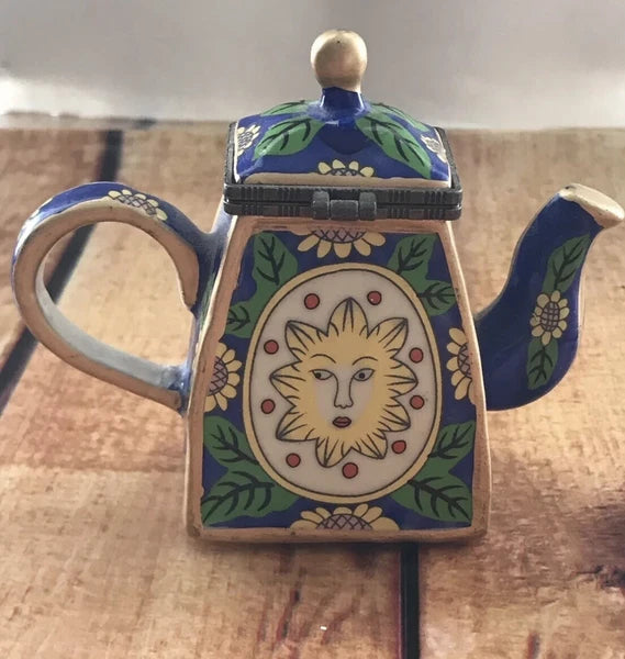 Miniature enamel teapot Sunface Yellow Sunflowers Porcelain 3.25H