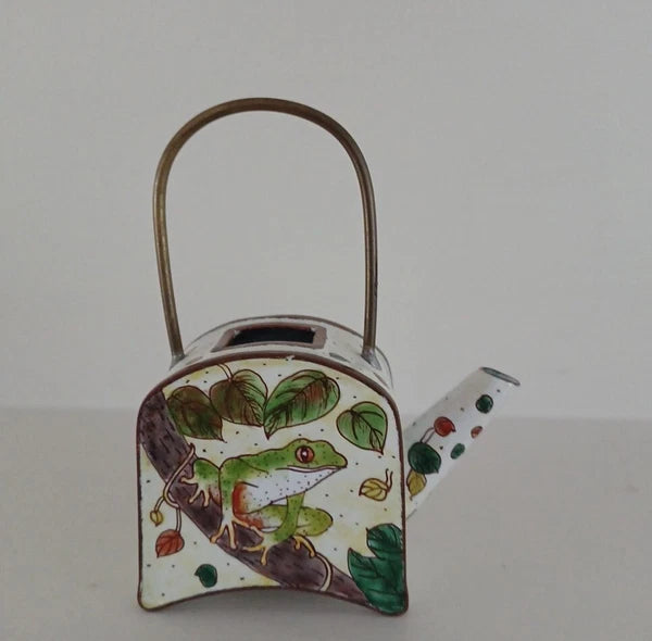 Miniature Empress Arts Enamel Teapot Tree Frog Foliage - Missing Lead