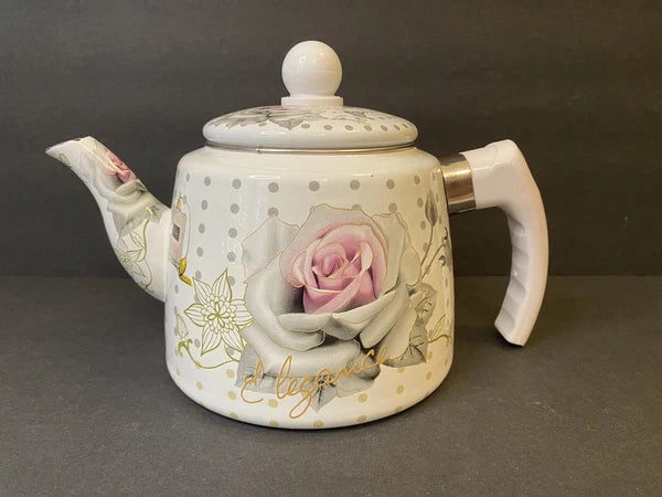 Elegance Enamel Kettle Teapot Handle Pink Rose Perfume Pattern