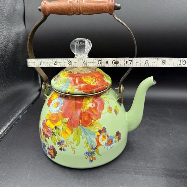 MacKenzie-Childs Green Flower Market Enamel 2qt Tea Pot Kettle Wood Handle EUC