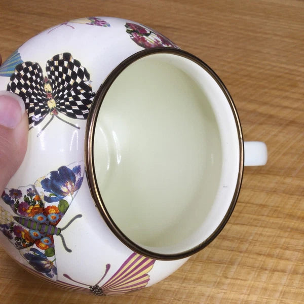 MacKenzie Childs Butterfly Garden White 4 Cup Enamel Teapot Kettle Small Retired