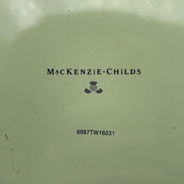 MacKenzie-Childs Green Flower Market Enamel 2qt Tea Pot Kettle Wood Handle EUC