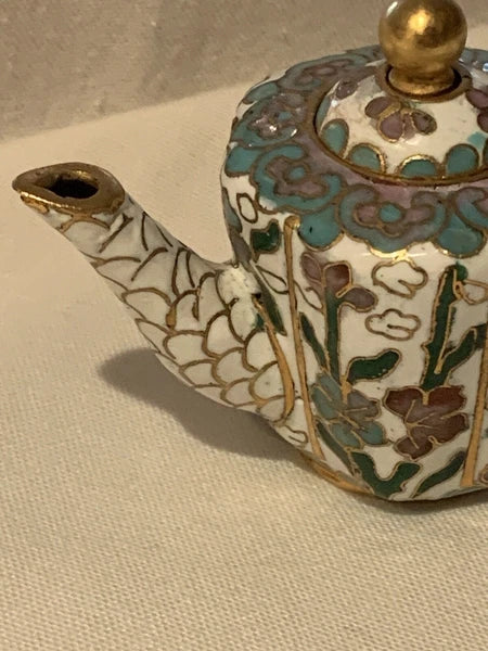 Miniature Floral Enamel Cloisonné Teapot Blue/Mauve/White Florals