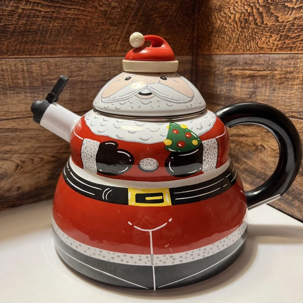 ROSHKO PORCELAIN Enamel on Steel Santa StoveTop Whistle Kettle Pot 3QT Christmas