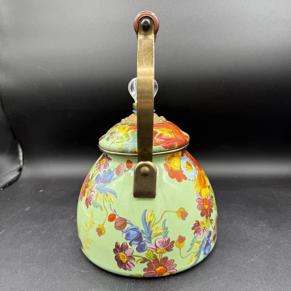 MacKenzie-Childs Green Flower Market Enamel 2qt Tea Pot Kettle Wood Handle EUC