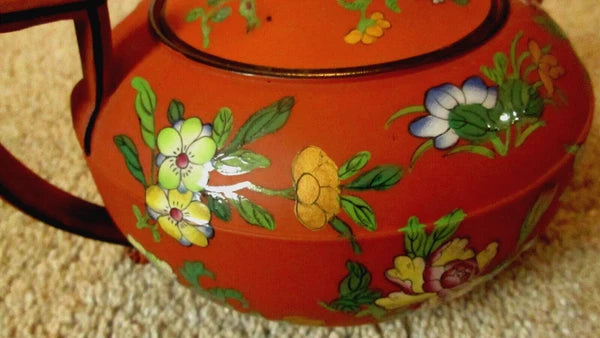 RARE Antique Wedgwood Pottery Enamel Rosso Antico Chinoiserie Teapot w Lid