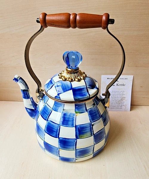 π Mackenzie Childs Blue Royal Check Enamel Tea Kettle Teapot - New