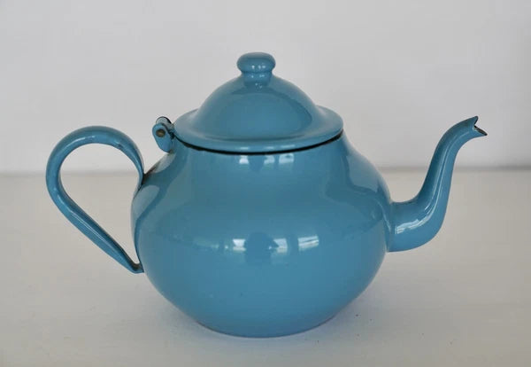 RARE Vintage Blue Enamel Ware Teapot Hinged Lid 6" H made in Yugoslavia